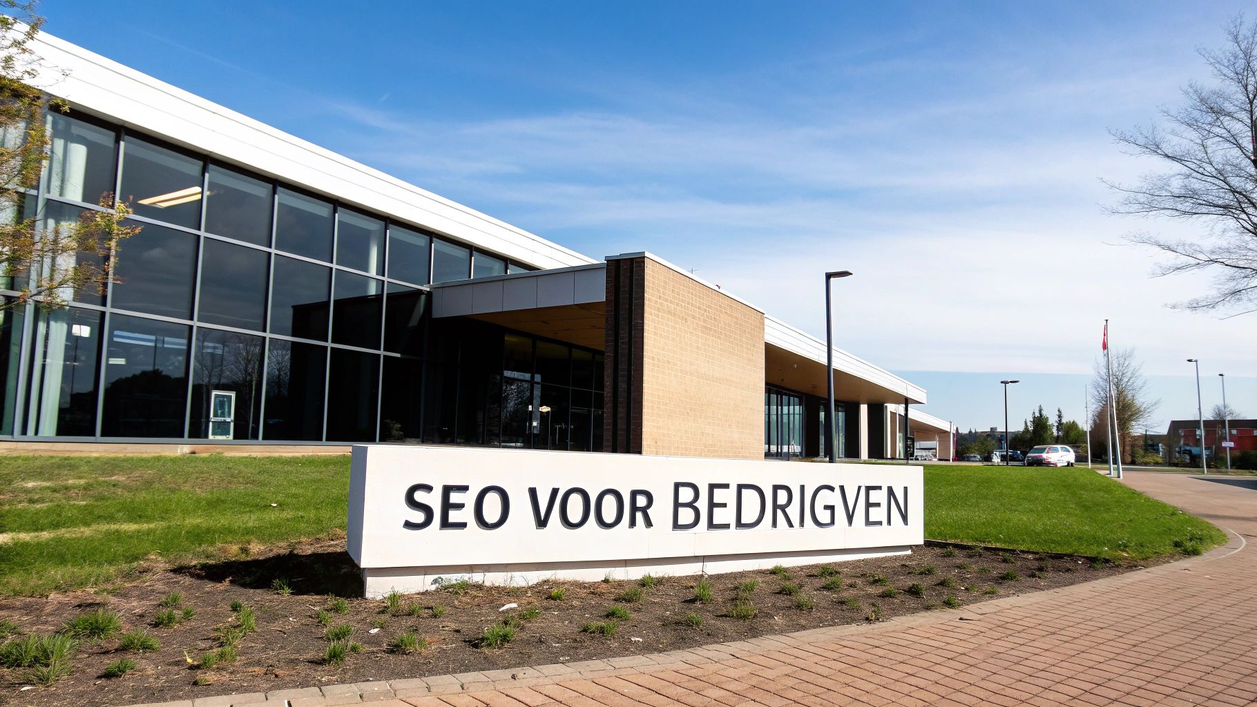 Modern kantoorgebouw met een groot wit bord waarop 'SEO VOOR BEDRIJVEN' staat, omringd door groen.