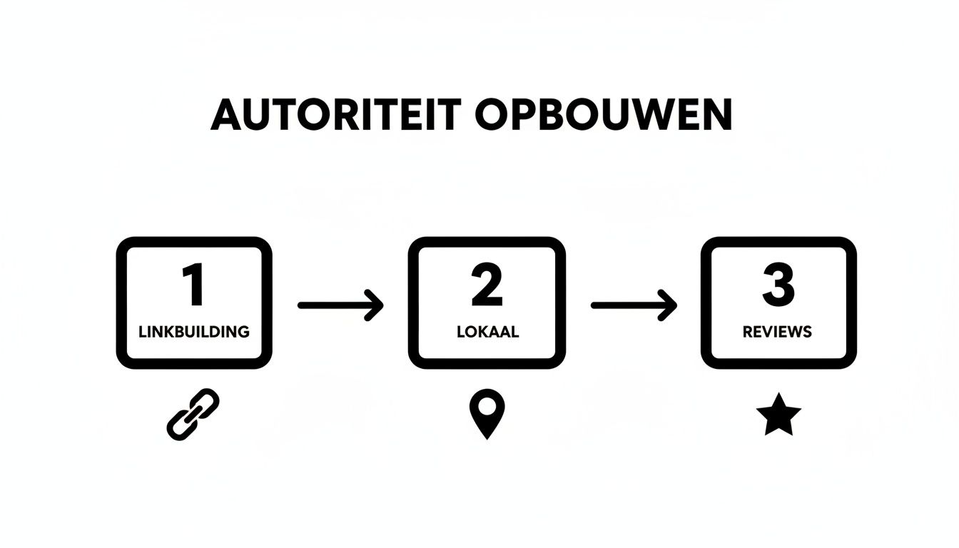 Een infographic die het proces van autoriteit opbouwen in drie stappen uitlegt: linkbuilding, lokaal en reviews.
