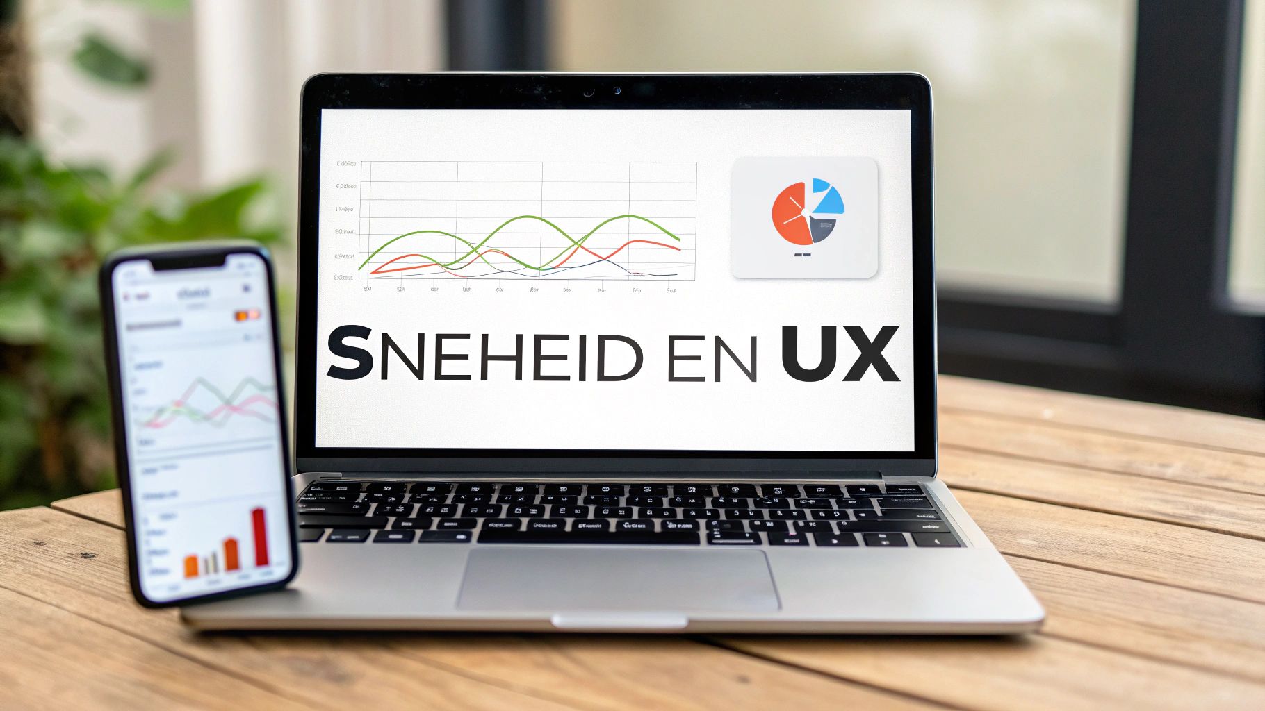 Een laptop en smartphone op een houten tafel met schermen die datavisualisaties en de tekst "SNELHEID EN UX" weergeven.