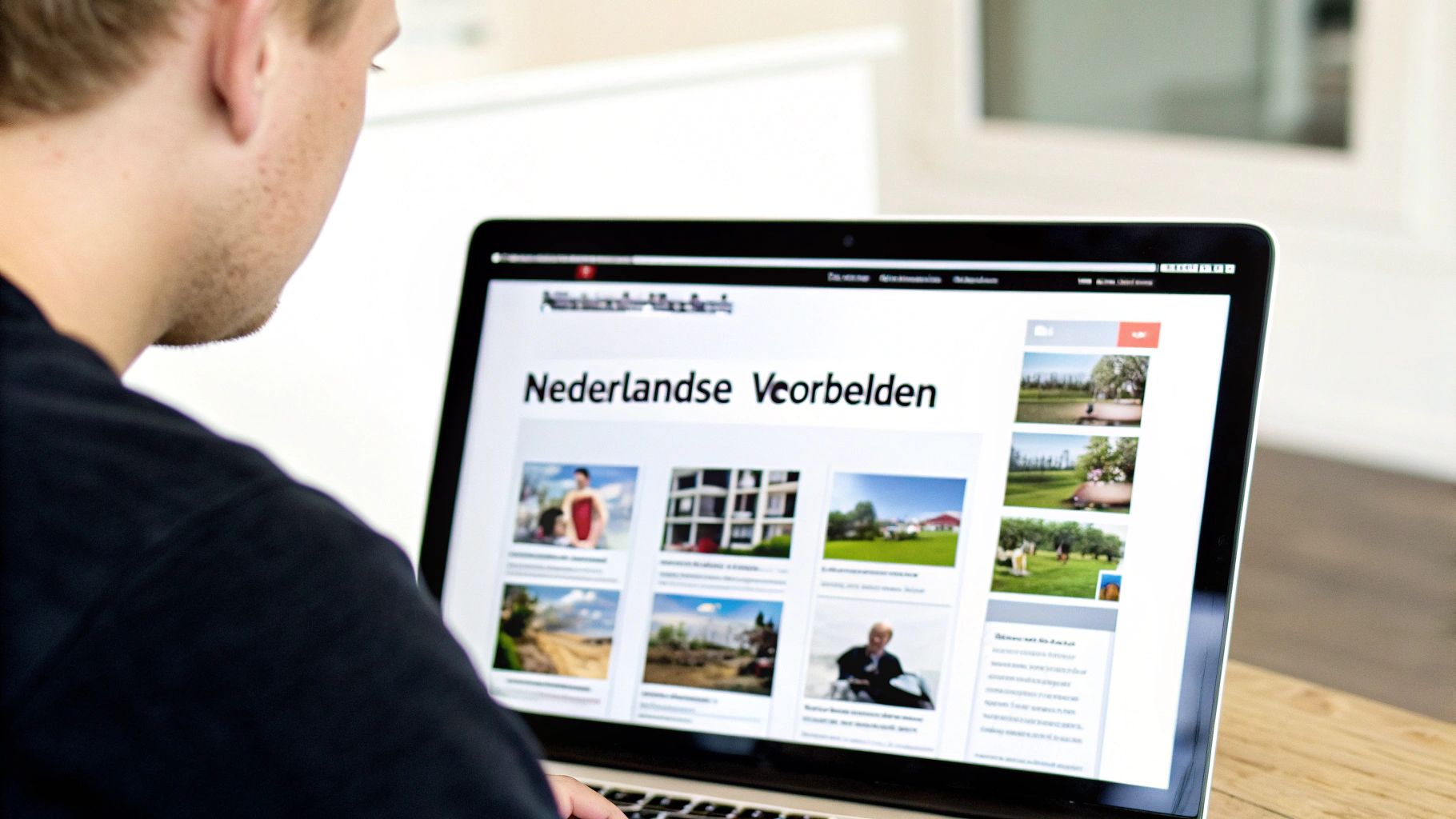 Man bekijkt Nederlandse voorbeelden van landingspagina's op laptop met verschillende projecten en afbeeldingen