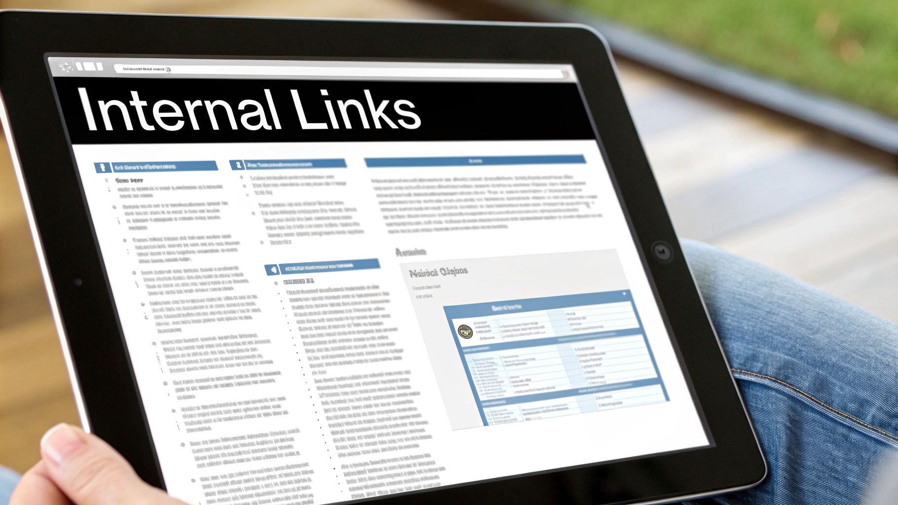 Een persoon houdt een tablet vast waarop een webpagina met de titel "Internal Links" wordt weergegeven, waarschijnlijk over SEO.