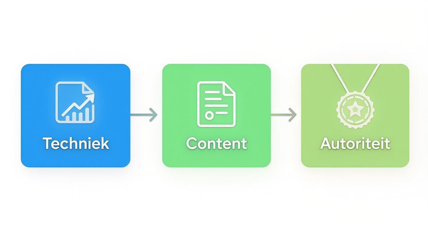 Diagram toont drie stappen: technische optimalisatie, content creatie en autoriteit opbouwen voor hogere Google rankings