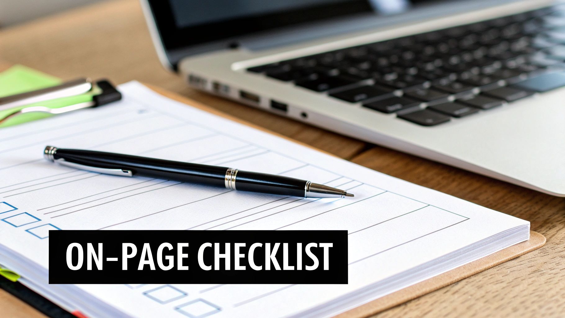Een zwarte pen ligt op een checklist-document met lege vakjes, met een laptop op de achtergrond. Een zwarte banner toont 'ON-PAGE CHECKLIST'.