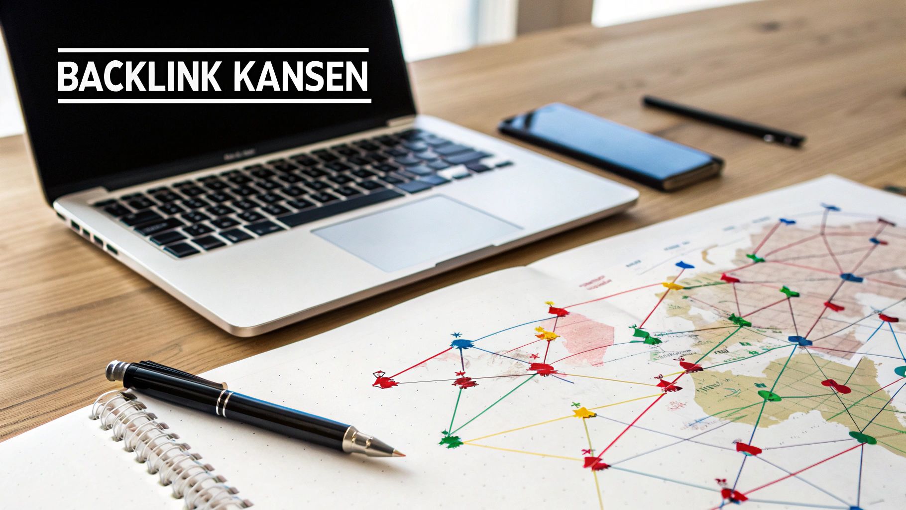 Een bureau met een laptop, smartphone, pen en een kaart met netwerkpunten, met 'Backlink Kansen' op het scherm.