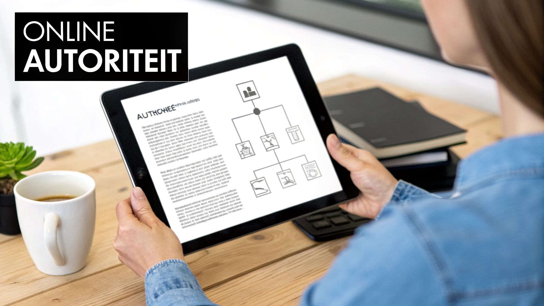 Een persoon in een spijkeroverhemd bekijkt een tablet met een diagram en tekst over 'ONLINE AUTORITEIT' op een houten bureau.
