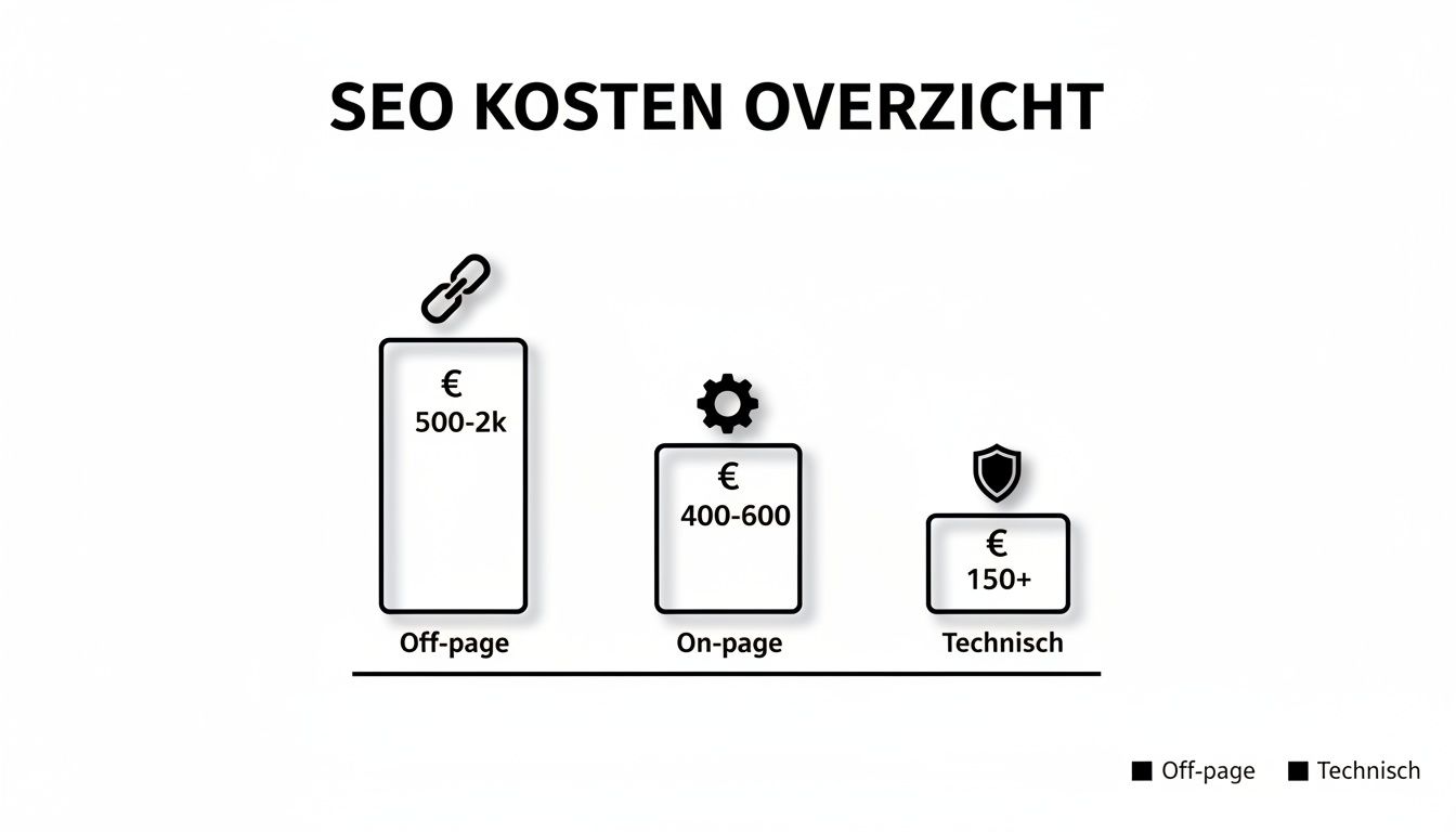 Overzicht van SEO-kosten, inclusief off-page (€500-2k), on-page (€400-600) en technische SEO (€150+).