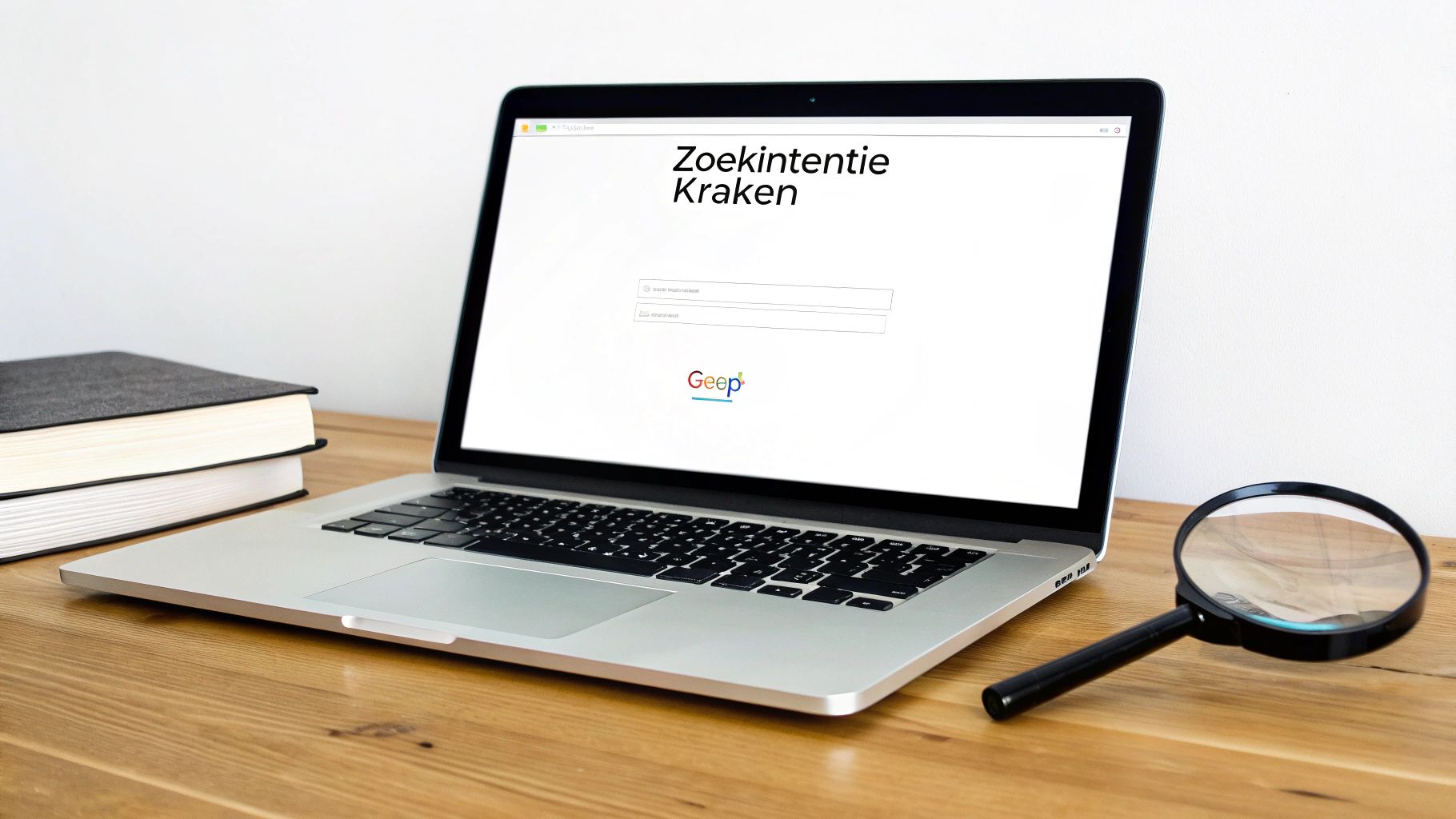Een laptop op een houten bureau met de tekst 'Zoekintentie Kraken' op het scherm. Daarnaast liggen boeken en een vergrootglas.