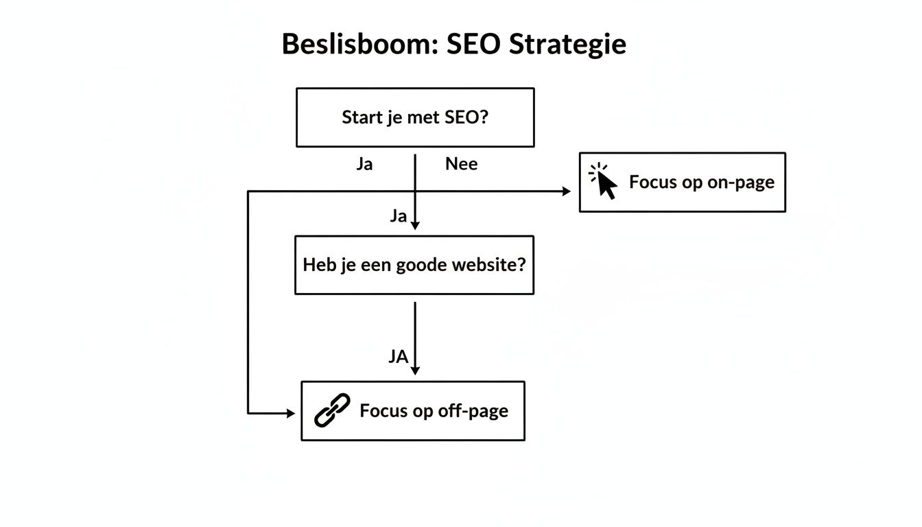 Beslisboom voor SEO strategie, leidend van startvragen naar focus op on-page of off-page optimalisatie.