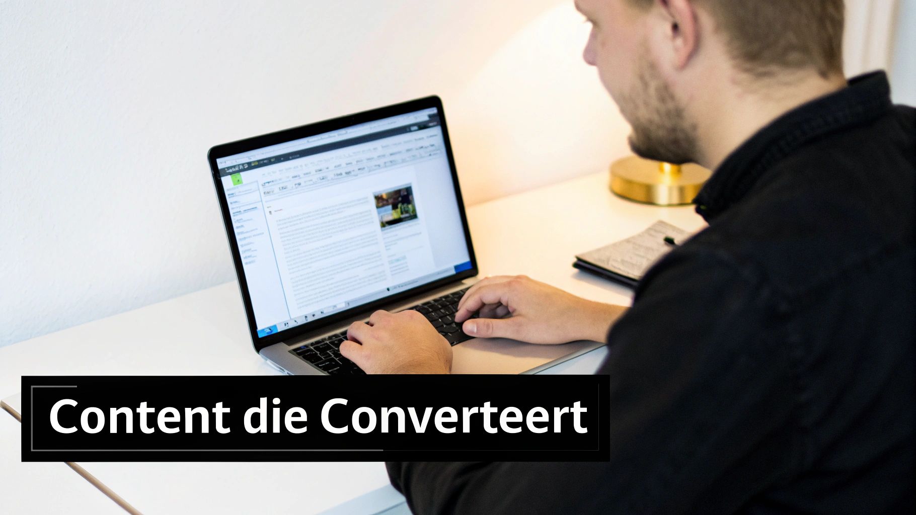 Een persoon typt op een laptop op een wit bureau, werkend aan content. De tekst 'Content die Converteert' staat onderaan.