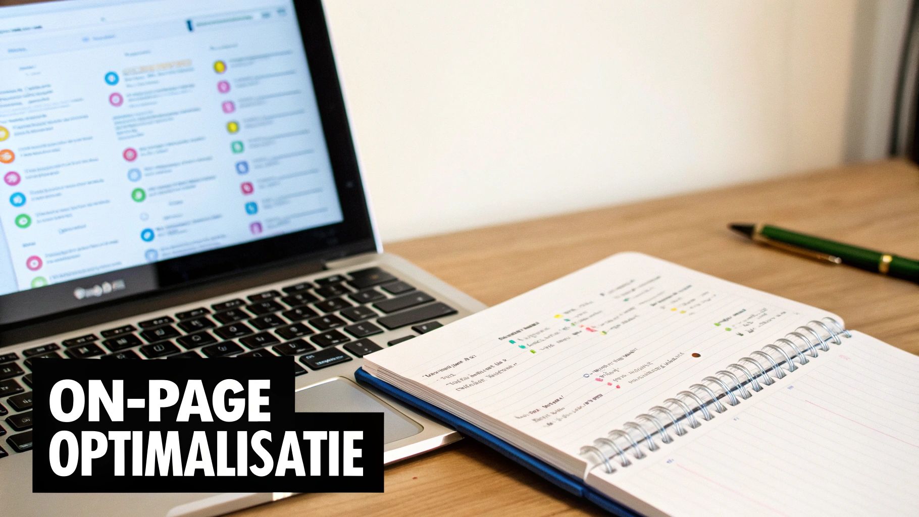 Een werkplek met laptop, notitieboek en pen, gericht op on-page SEO optimalisatie.