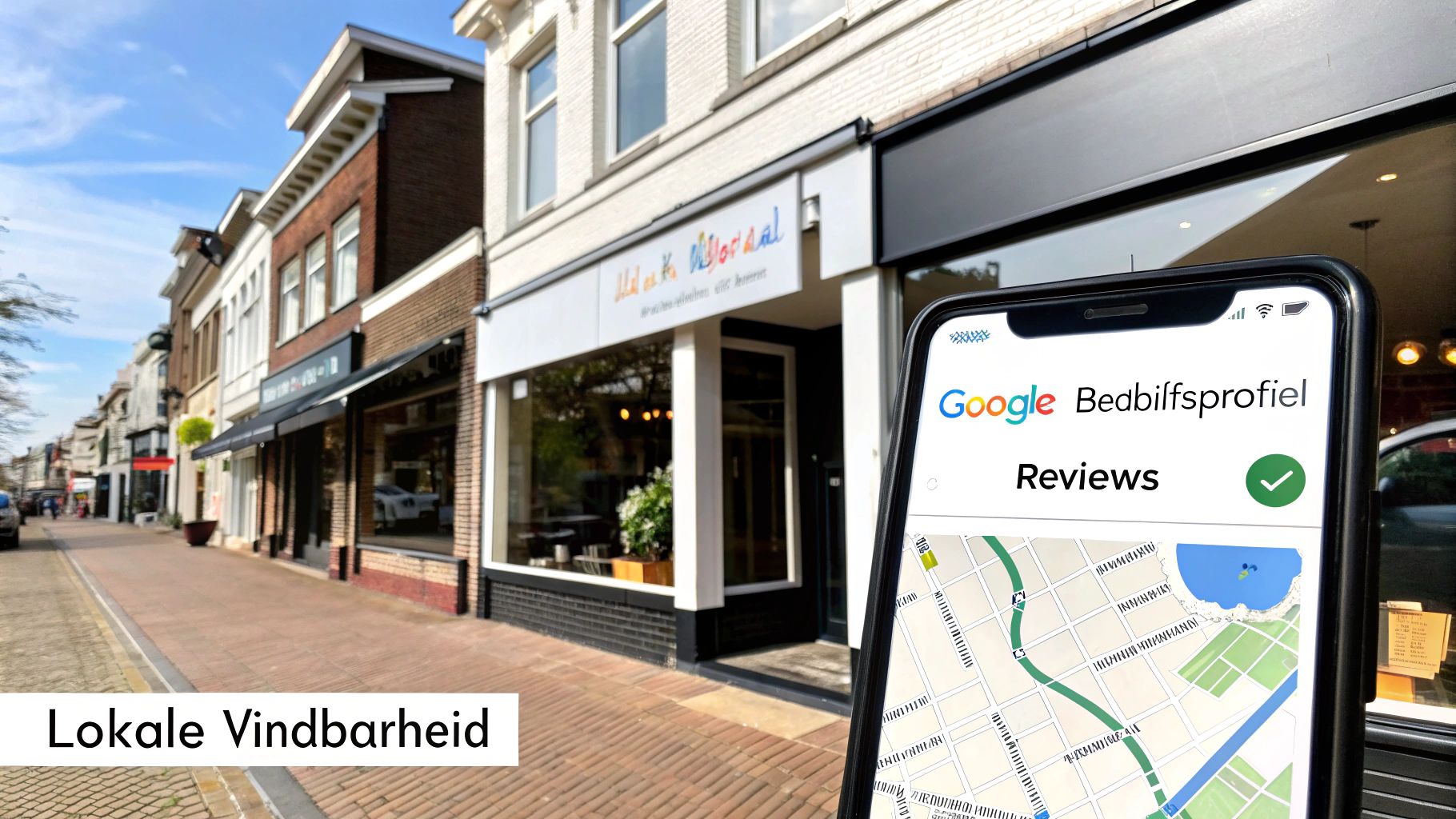 Een straatbeeld met winkels, een smartphone met Google Bedrijfsprofiel en de tekst 'Lokale Vindbaarheid'.