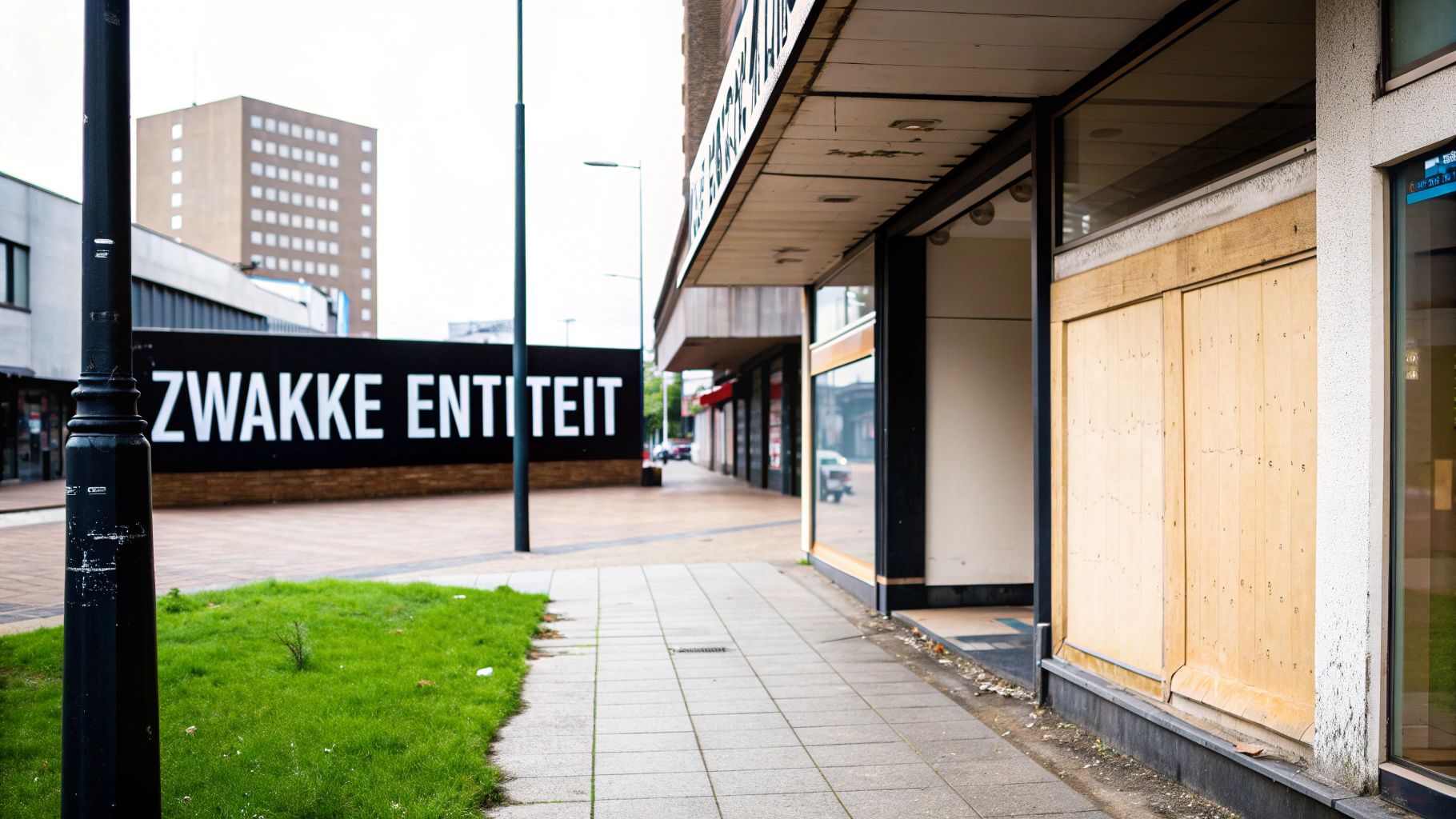 Een straatbeeld met gebouwen, trottoir, gras en een groot zwart bord met de tekst 'ZWAKKE ENTITEIT'.