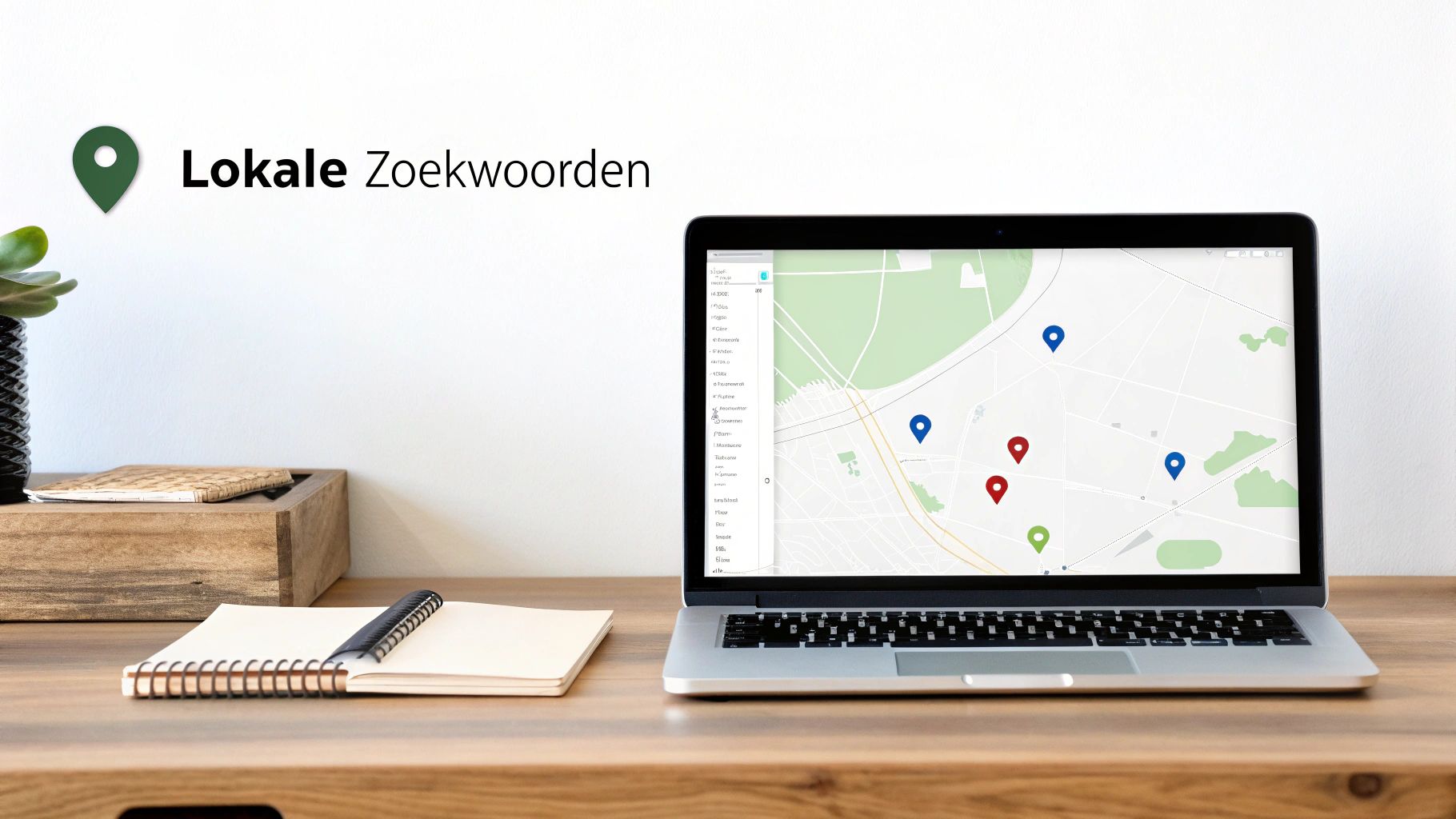Laptop op houten bureau met kaart van locatiepins en de tekst 'Lokale Zoekwoorden'.