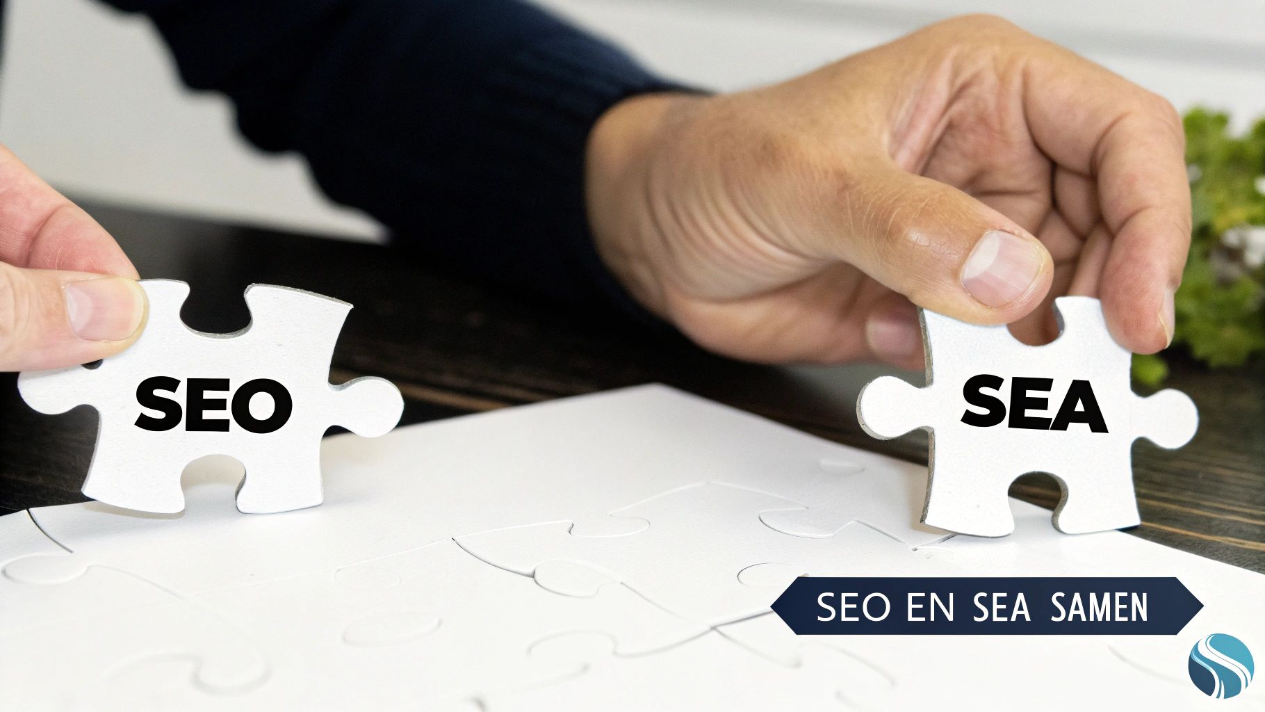 Twee handen houden puzzelstukjes vast met 'SEO' en 'SEA', boven een onafgemaakte puzzel, wat samenwerking symboliseert.