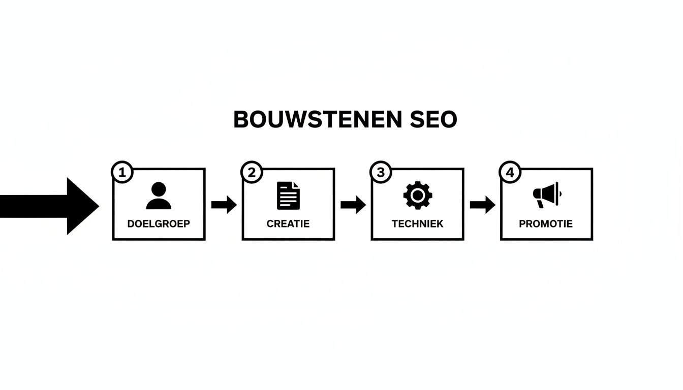 Overzicht van de vier bouwstenen van SEO: doelgroep, creatie, techniek en promotie, gepresenteerd als stroomschema.