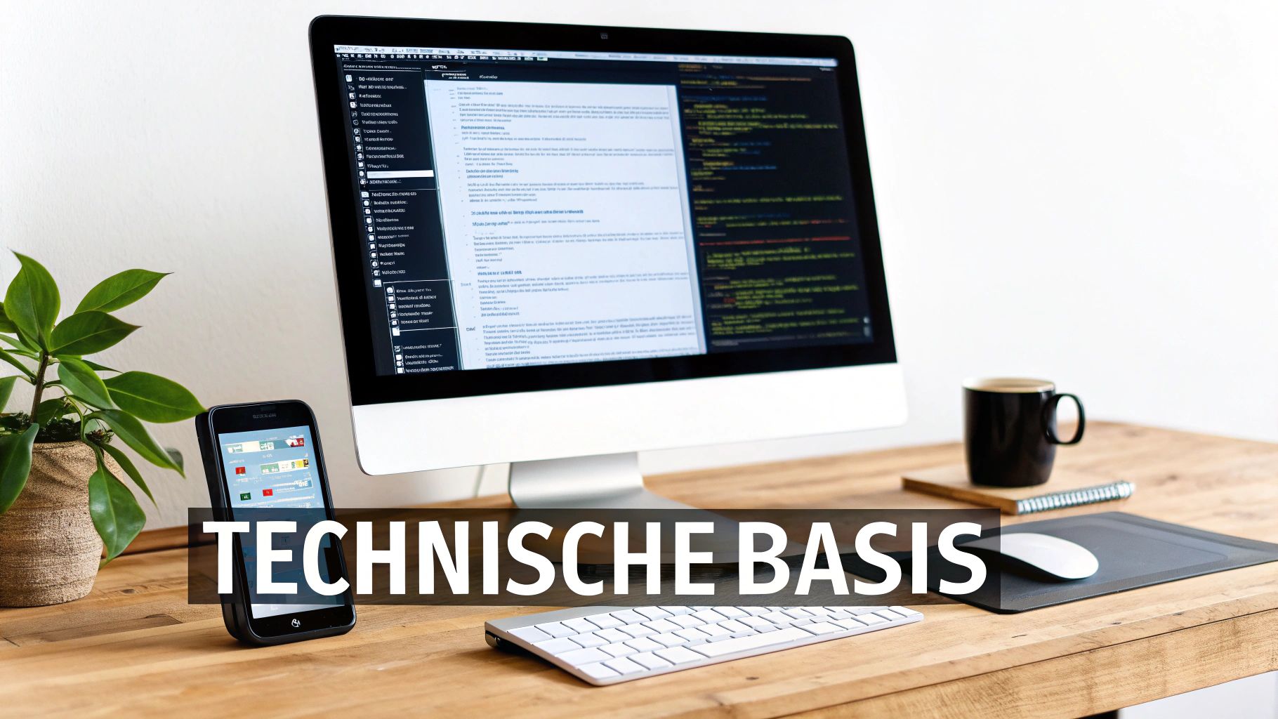 Een moderne werkplek met een computer die code toont, een smartphone, toetsenbord, muis en koffie.