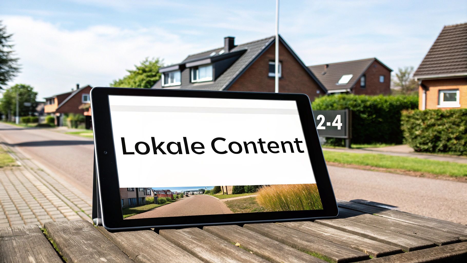 Een tablet op een houten bankje toont 'Lokale Content' met een straat en huizen op de achtergrond.