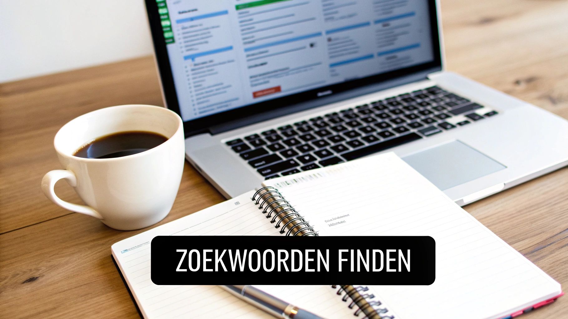 Op een houten bureau staan een laptop, kop koffie en een notitieboek met pen, gericht op zoekwoorden vinden.