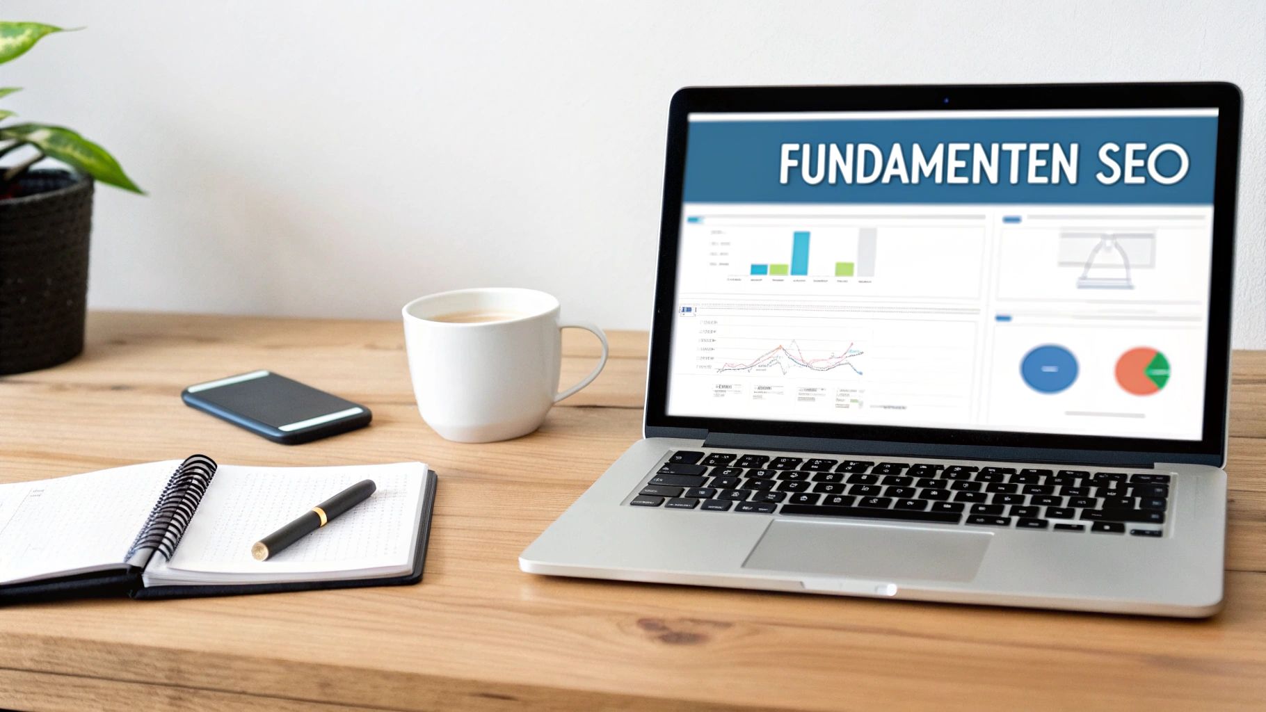 Een houten bureau met een laptop die 'FUNDAMENTEN SEO' en analysegegevens toont, vergezeld van een koffie, telefoon en notitieboekje.