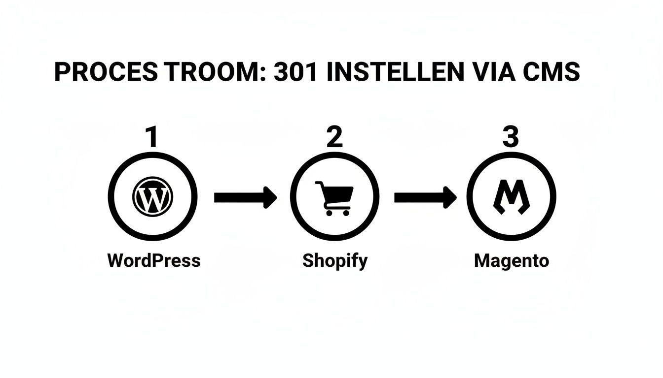 Processtroom voor het instellen van 301 redirects via contentmanagementsystemen zoals WordPress, Shopify en Magento.