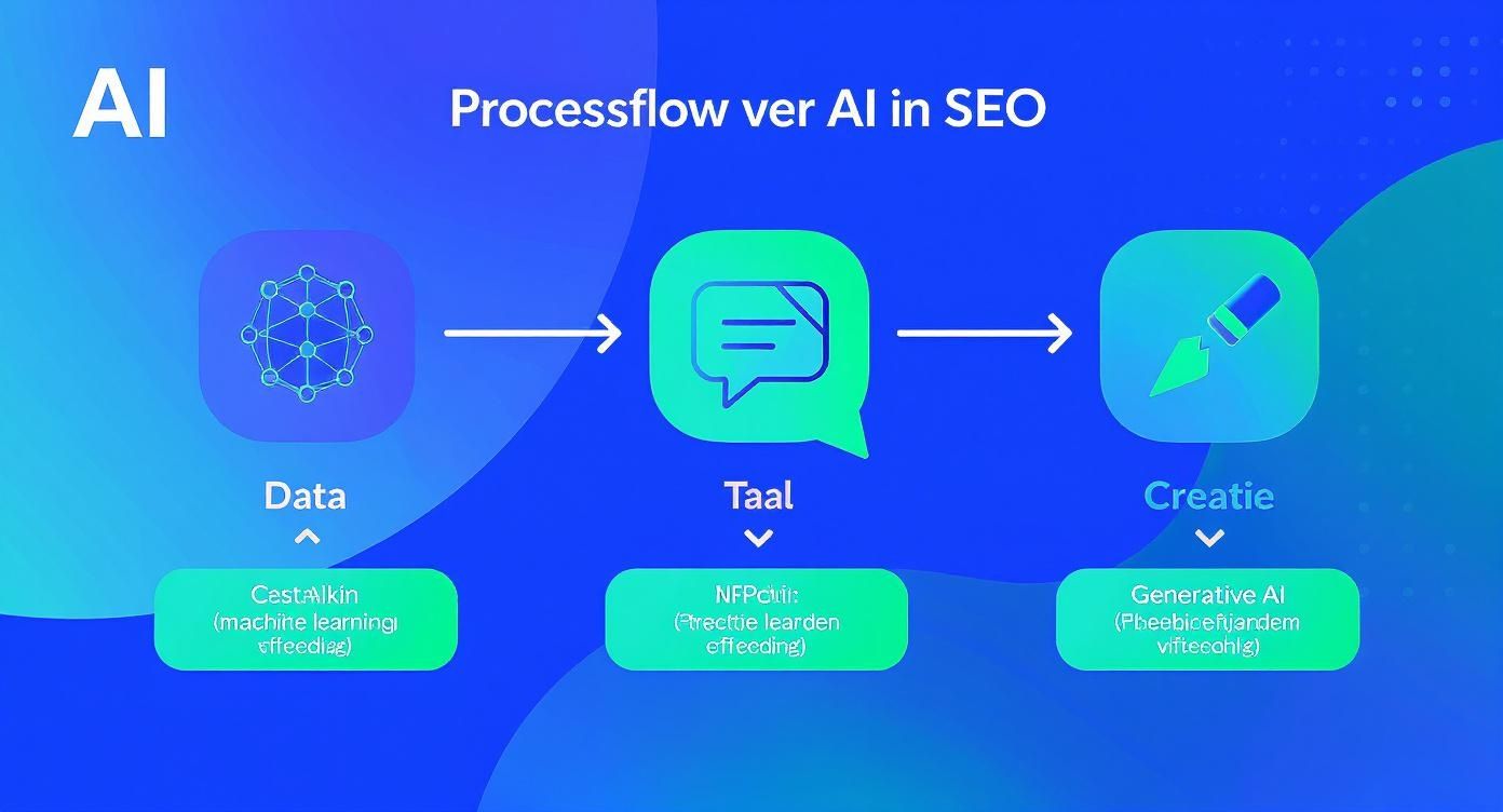Processflow van AI in SEO, beginnend bij data (machine learning), via taal naar creatie (generatieve AI).