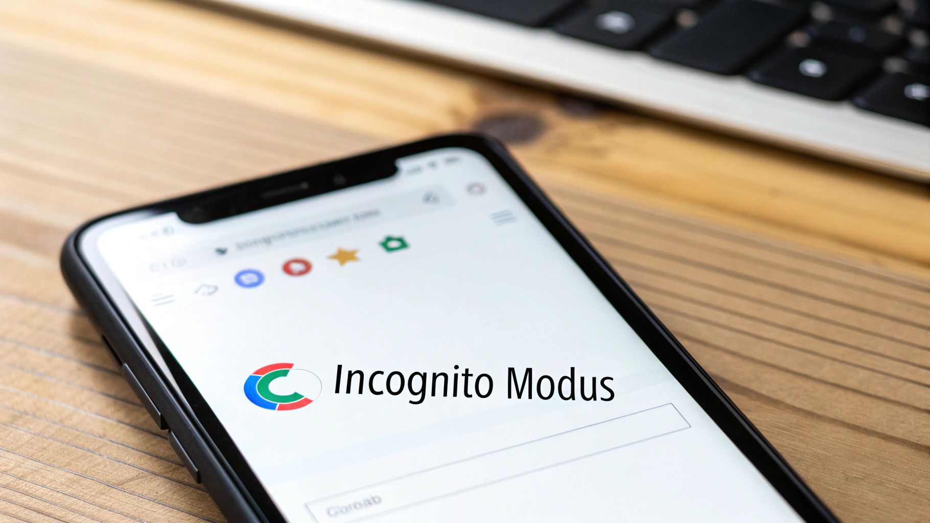 Een smartphone toont de incognitomodus van een webbrowser op een houten tafel met een toetsenbord.