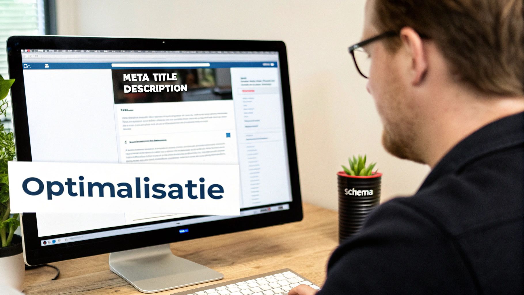 Een persoon kijkt naar een computerscherm met de woorden 'META TITLE DESCRIPTION' en 'Optimalisatie'.