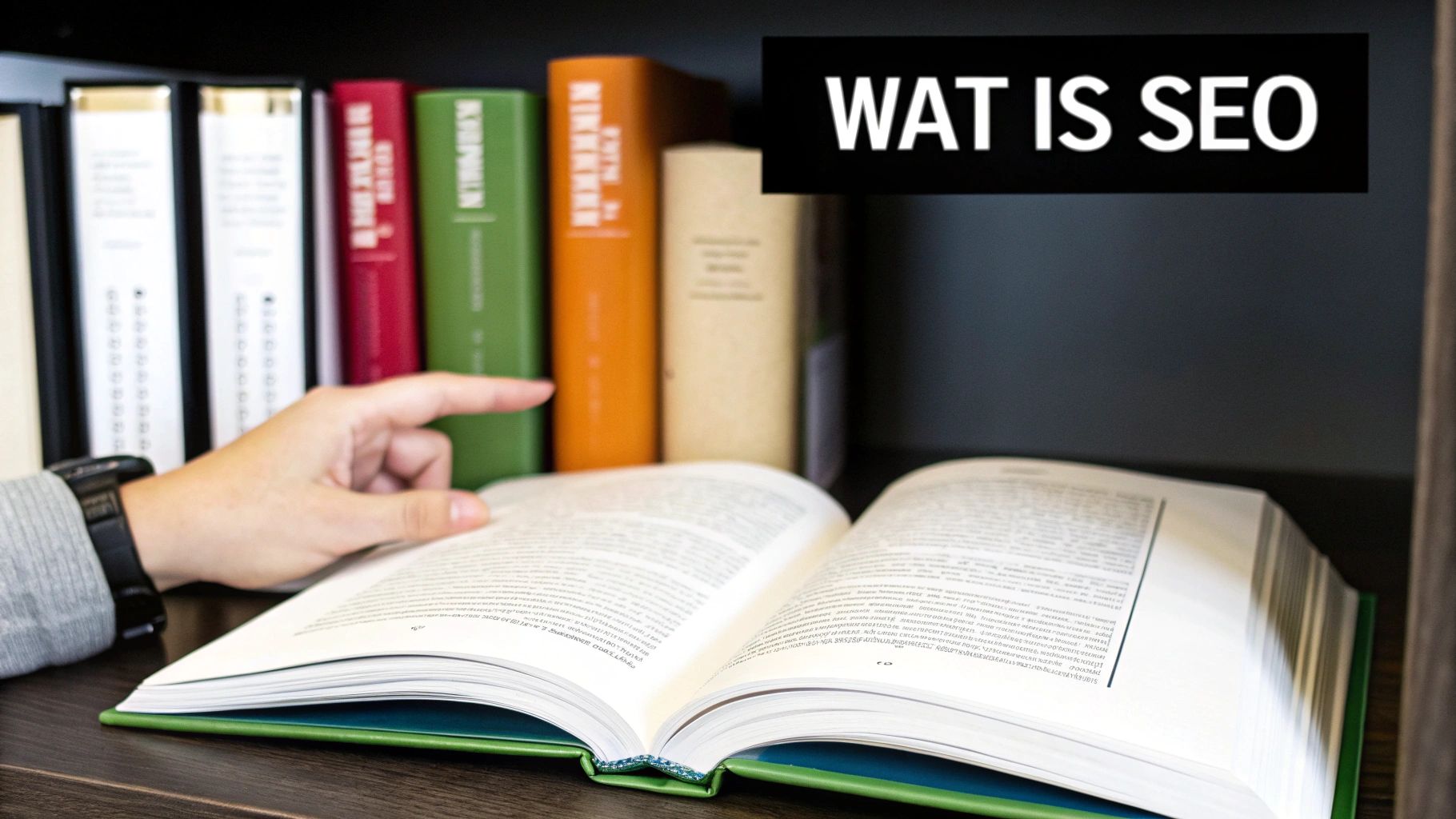 Een hand wijst naar een open boek op een houten plank met de tekst "WAT IS SEO" erboven en boeken op de achtergrond.