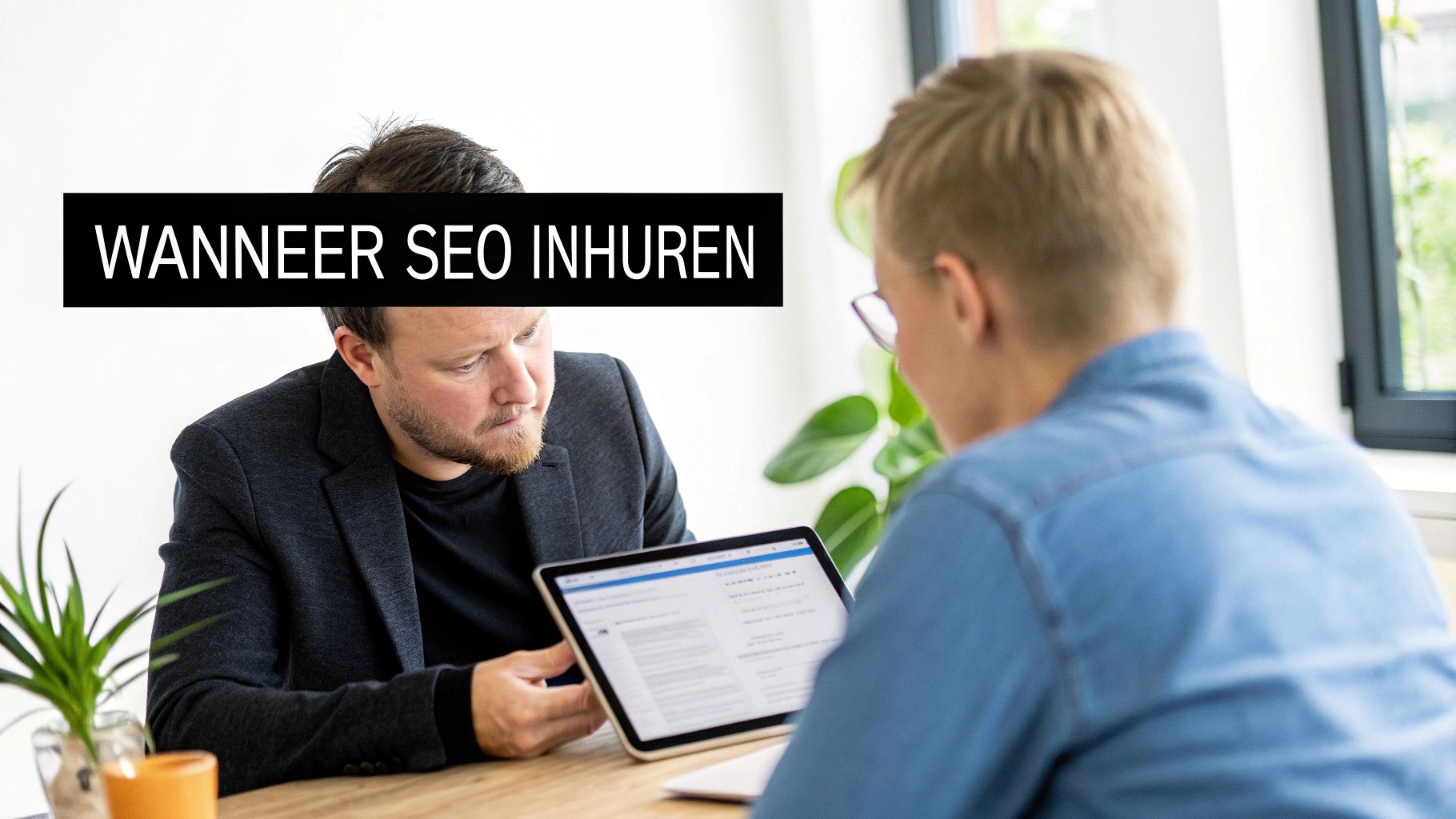 Twee mannen bespreken SEO-strategieën en wanneer een SEO-specialist in te huren, kijkend naar een tablet.