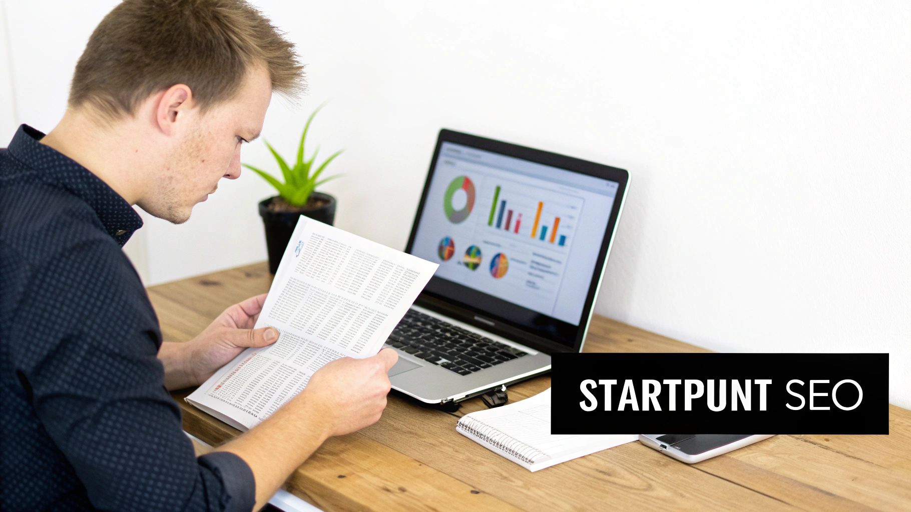 Jonge man leest een document aan een houten bureau met een laptop die SEO-data toont, een plant en een telefoon.