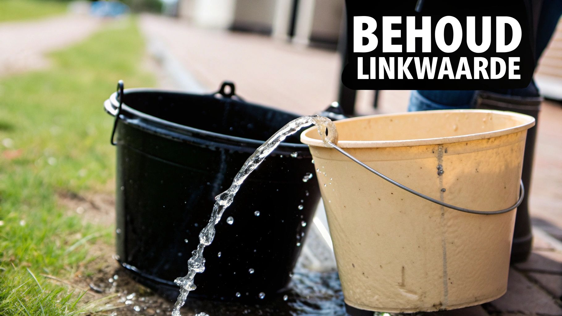 Water stroomt uit een beige emmer in een zwarte emmer, met verspilling op de grond.