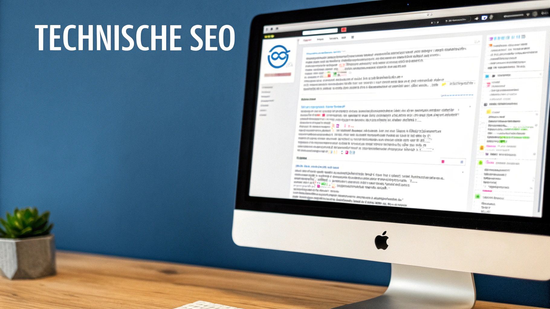 Een computer monitor op een houten bureau toont 'TECHNISCHE SEO' en een tekstbewerkingsinterface, met een plantje ernaast.