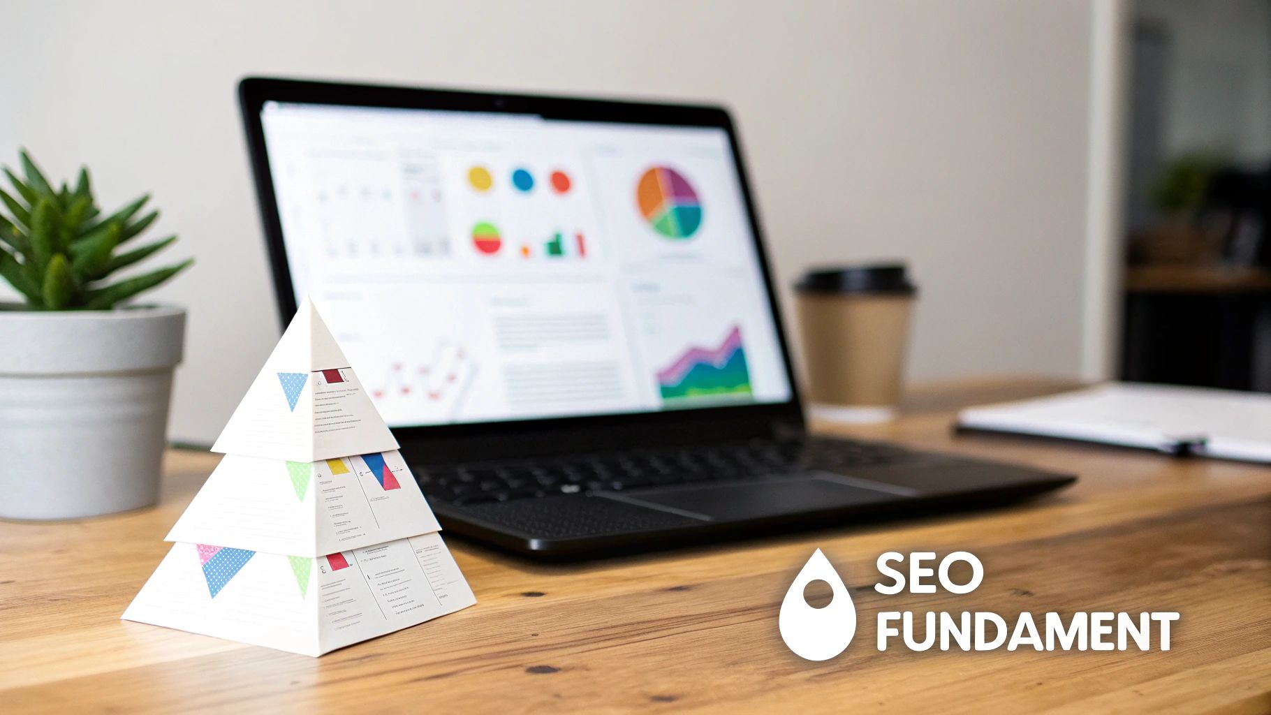 Een bureau met een laptop die SEO-analyse weergeeft, een plant, koffie en een papieren piramide.