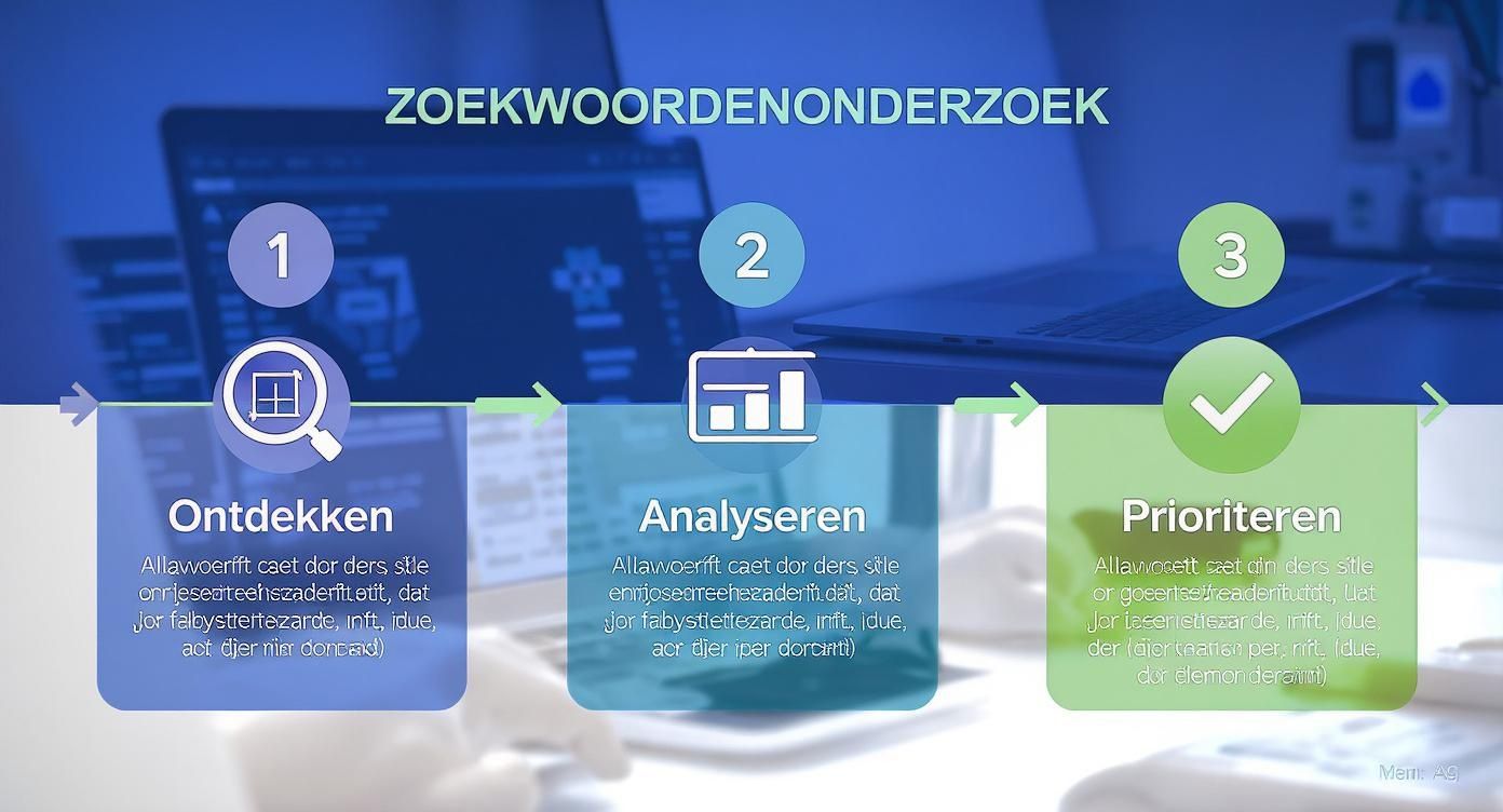 Een infographic die de drie stappen van zoekwoordenonderzoek toont: Ontdekken, Analyseren en Prioriteren, met illustraties.