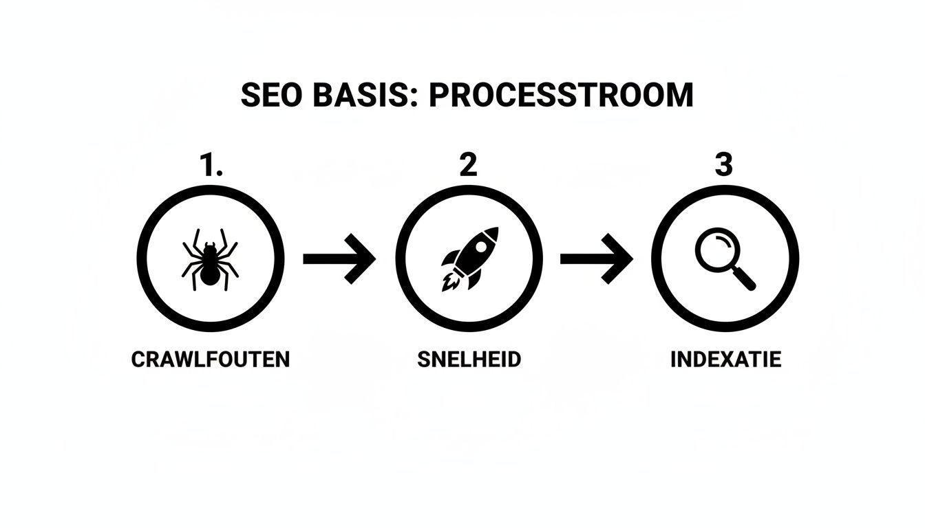 Infographic die de drie essentiële stappen in de SEO-processtroom illustreert: crawlfouten, snelheid en indexatie.