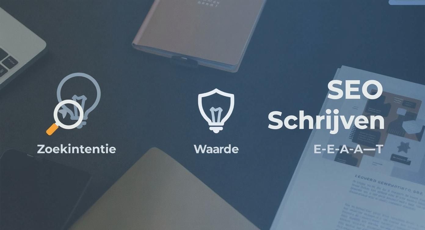 Overzicht van SEO teksten schrijven met focus op zoekintentie, waarde en E-E-A-A-T principes.