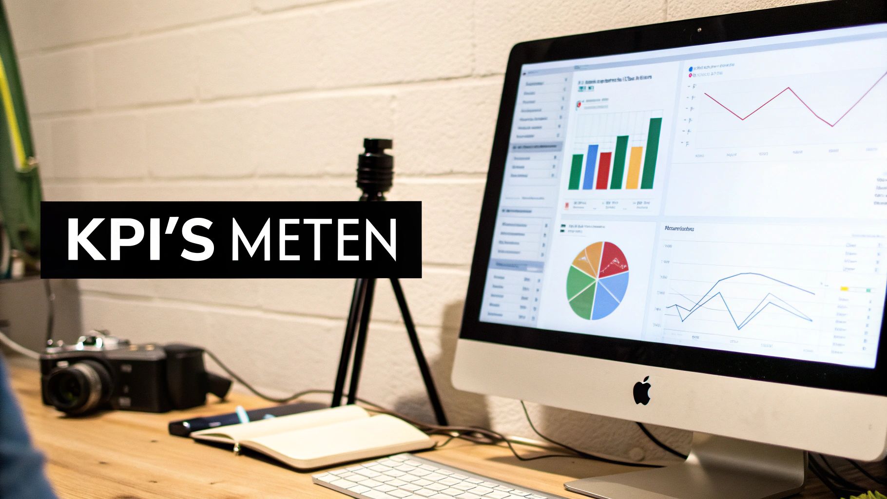 Een bureau met een computer die KPI-grafieken en -diagrammen toont, met de tekst 'KPI'S METEN'.