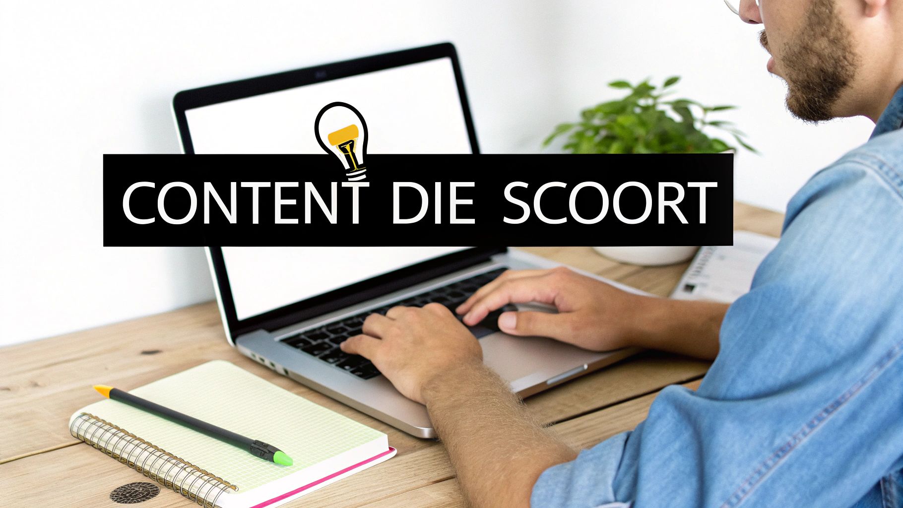 Persoon typt op laptop met banner 'CONTENT DIE SCOORT' en gloeilamp, notebook en pen.