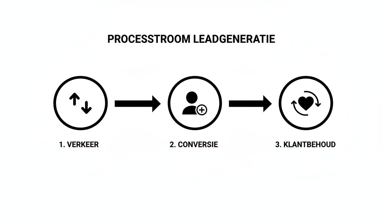 Een schematische weergave van de leadgeneratie processtroom, inclusief verkeer, conversie en klantbehoud stappen.