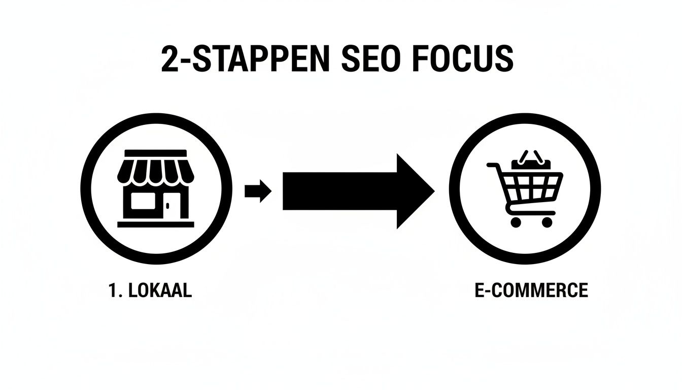 Infographic over een 2-stappen SEO focus: van lokale optimalisatie naar e-commerce SEO.