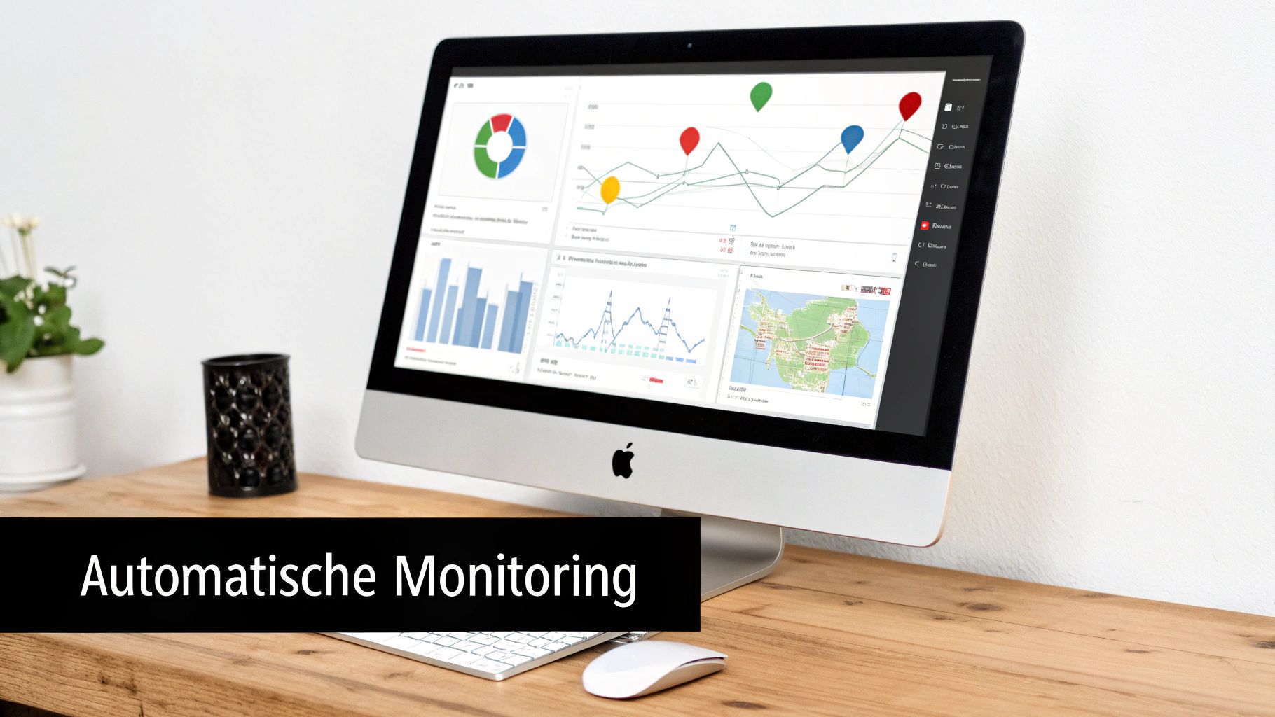 Een iMac toont een dashboard met grafieken en een kaart voor automatische monitoring op een houten bureau.
