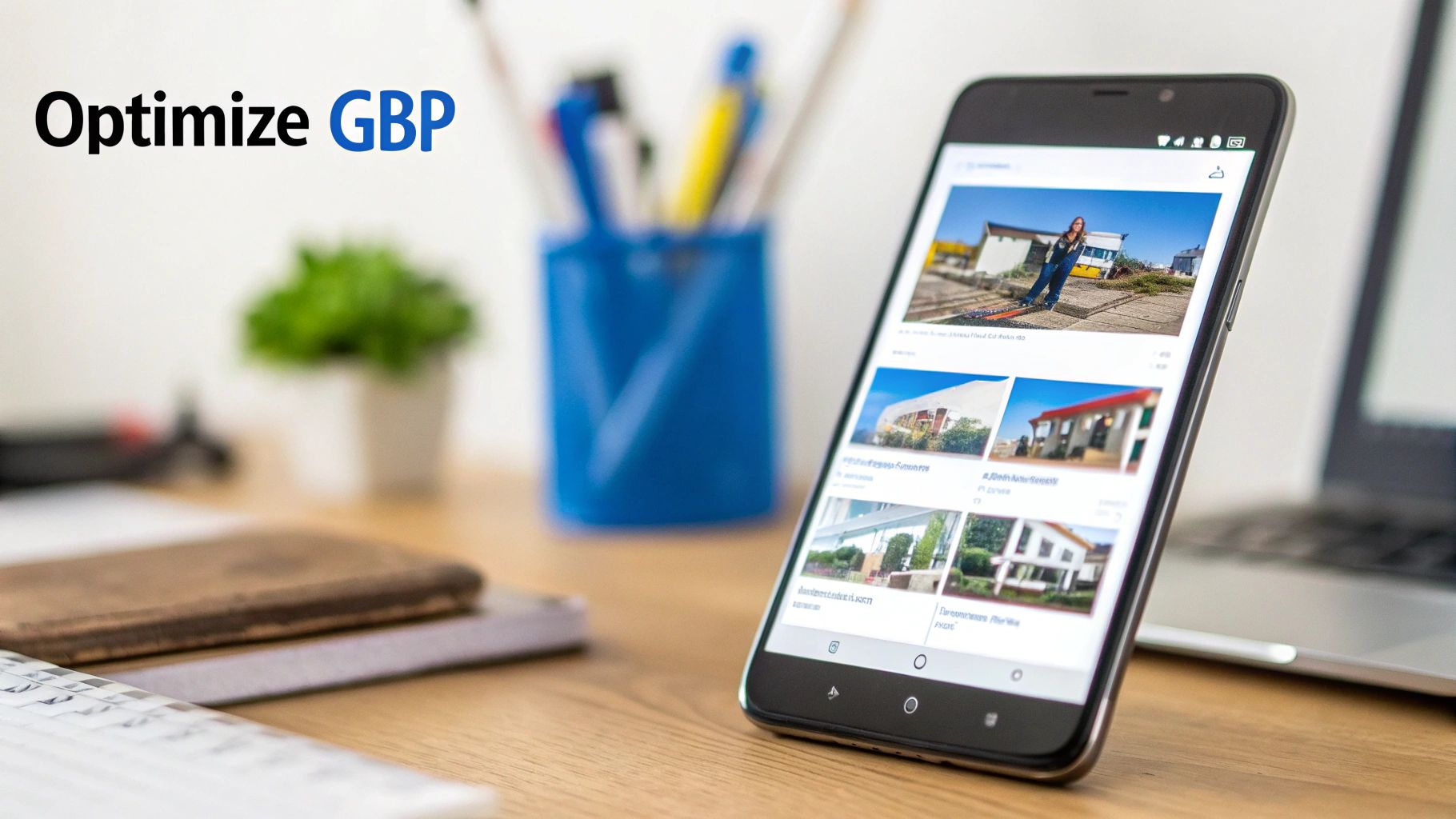 A smartphone displays images on a clean wooden desk with 'Optimize GBP' text for local SEO.