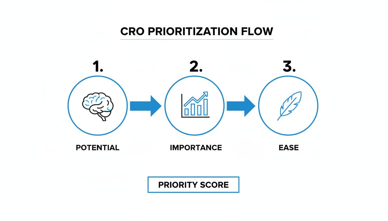 CRO prioritization flow visualizes steps: potential, importance, and ease, leading to a priority score.