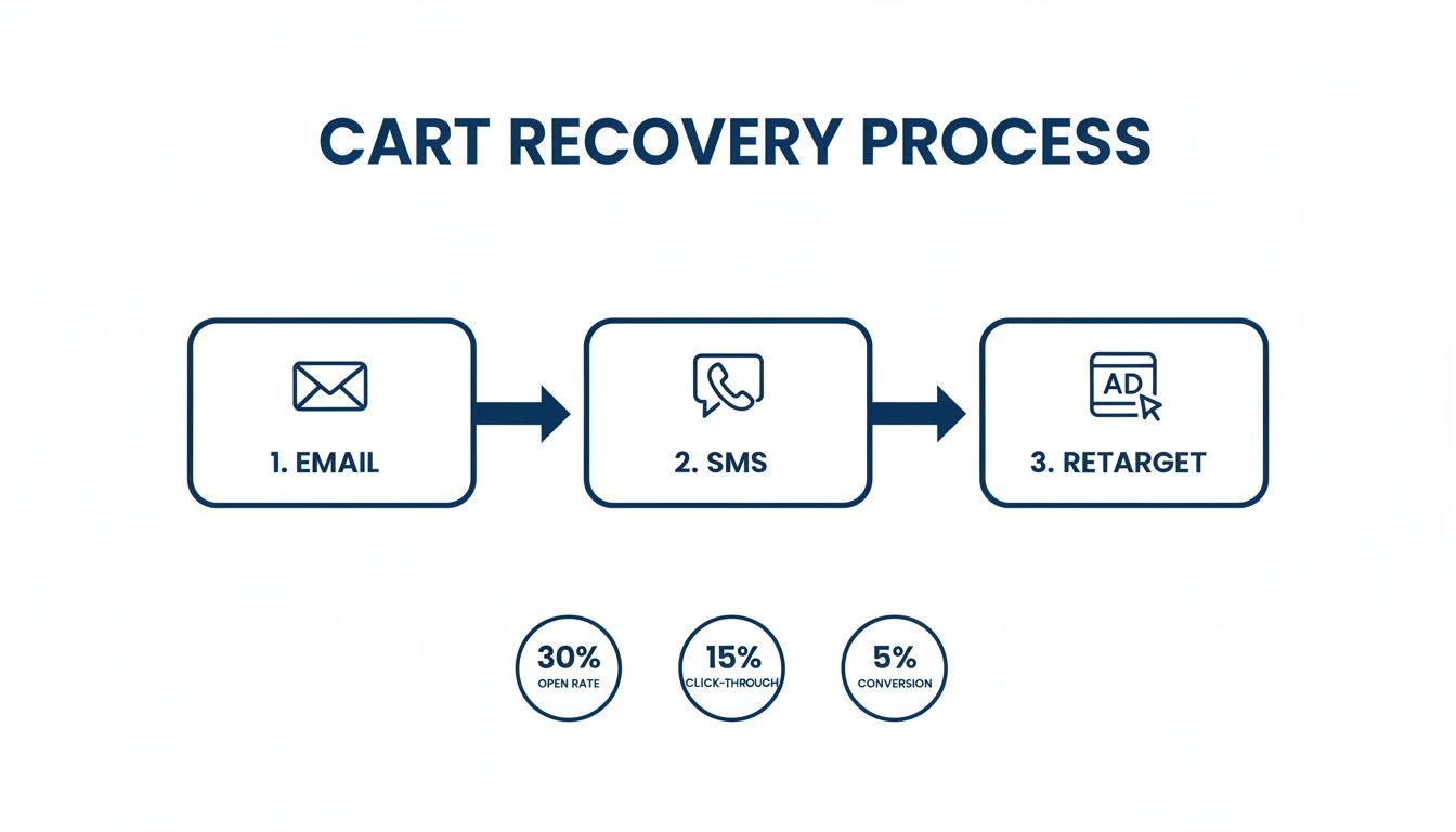Flowchart illustrating a cart recovery process with email, SMS, and retargeting steps, showing key metrics.