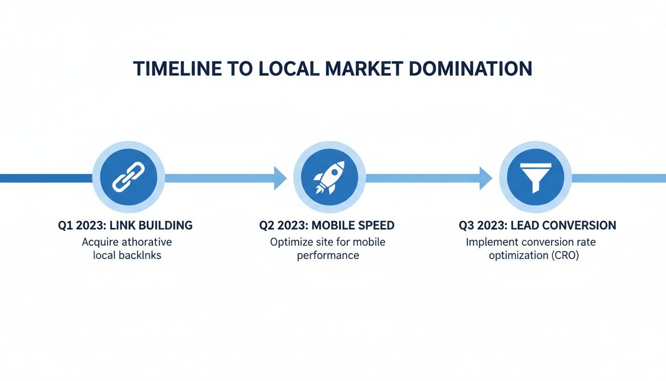 Timeline illustrating a three-quarter plan for local SEO market domination, focusing on link building, mobile speed, and lead conversion.