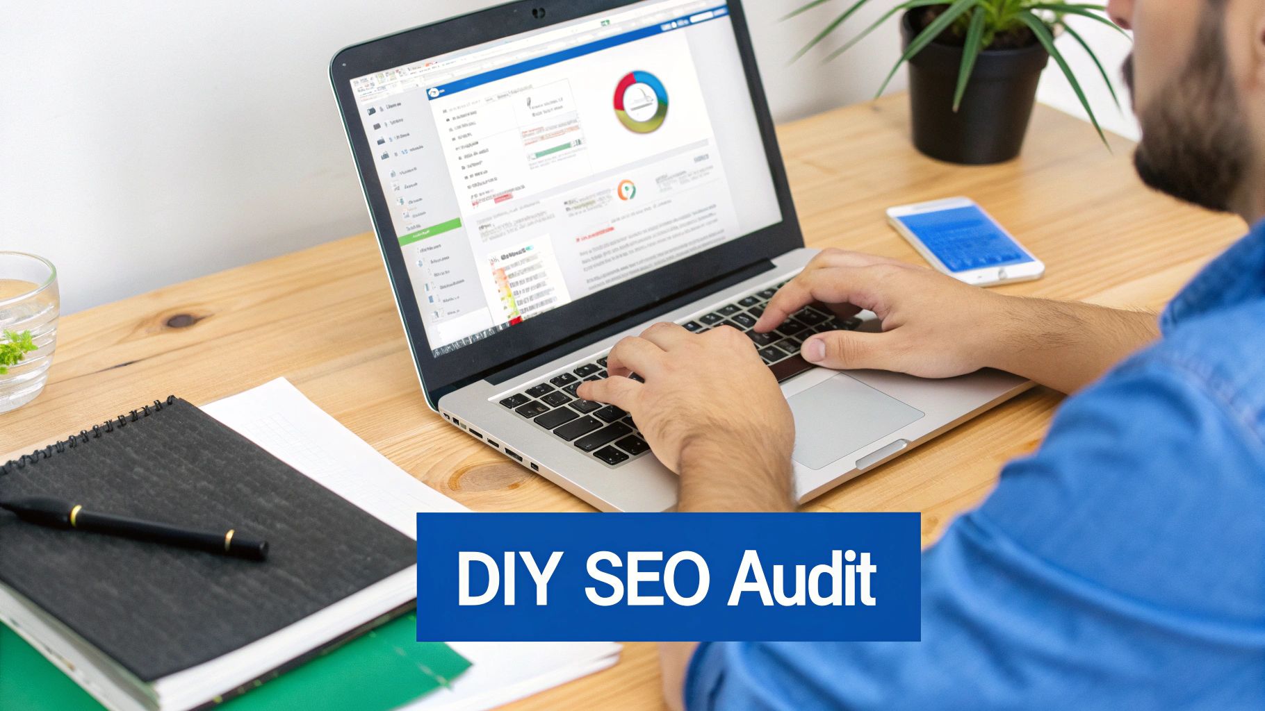 A person works on a laptop displaying an SEO analytics dashboard for a DIY audit.