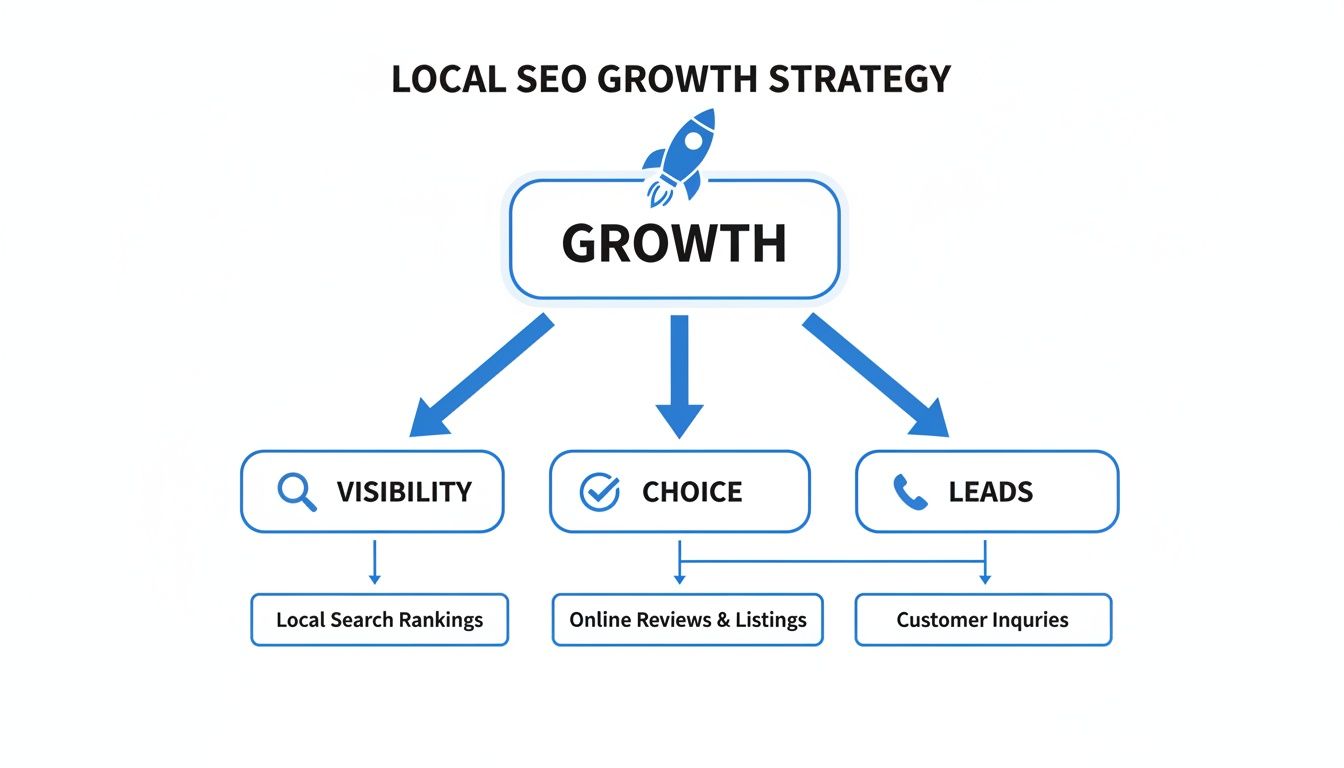 A diagram explaining Local SEO Growth Strategy, connecting visibility, choice, and leads to business growth.
