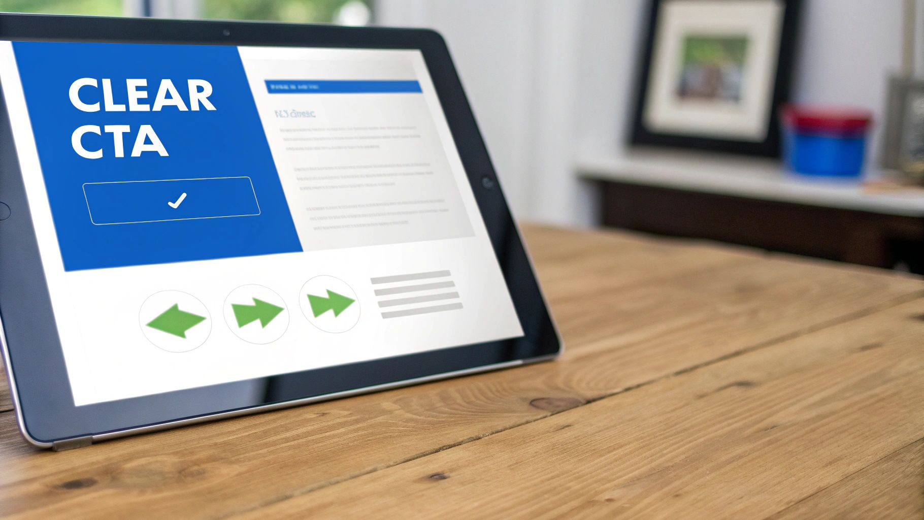 A tablet displaying a website design featuring a prominent 'CLEAR CTA' button and navigation elements.