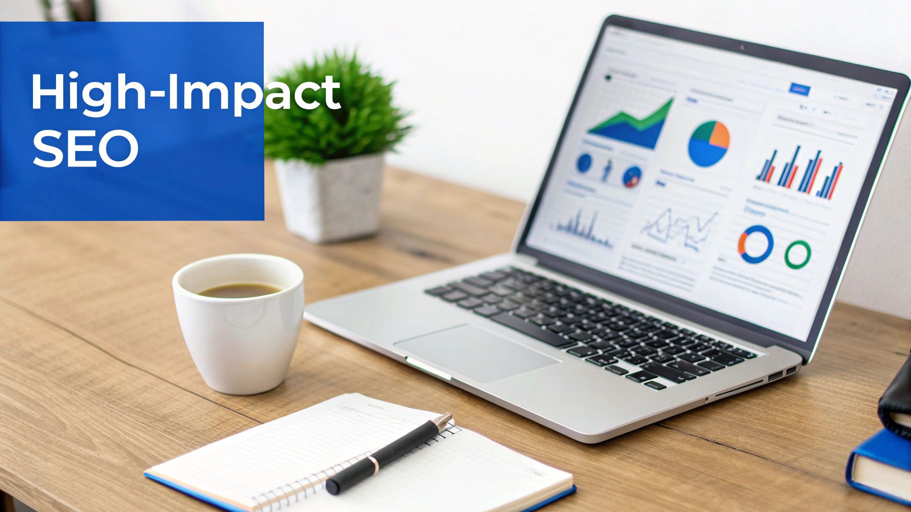 Laptop displaying SEO analytics and data on a wooden desk with coffee, notebook, and pen, highlighting high-impact SEO.