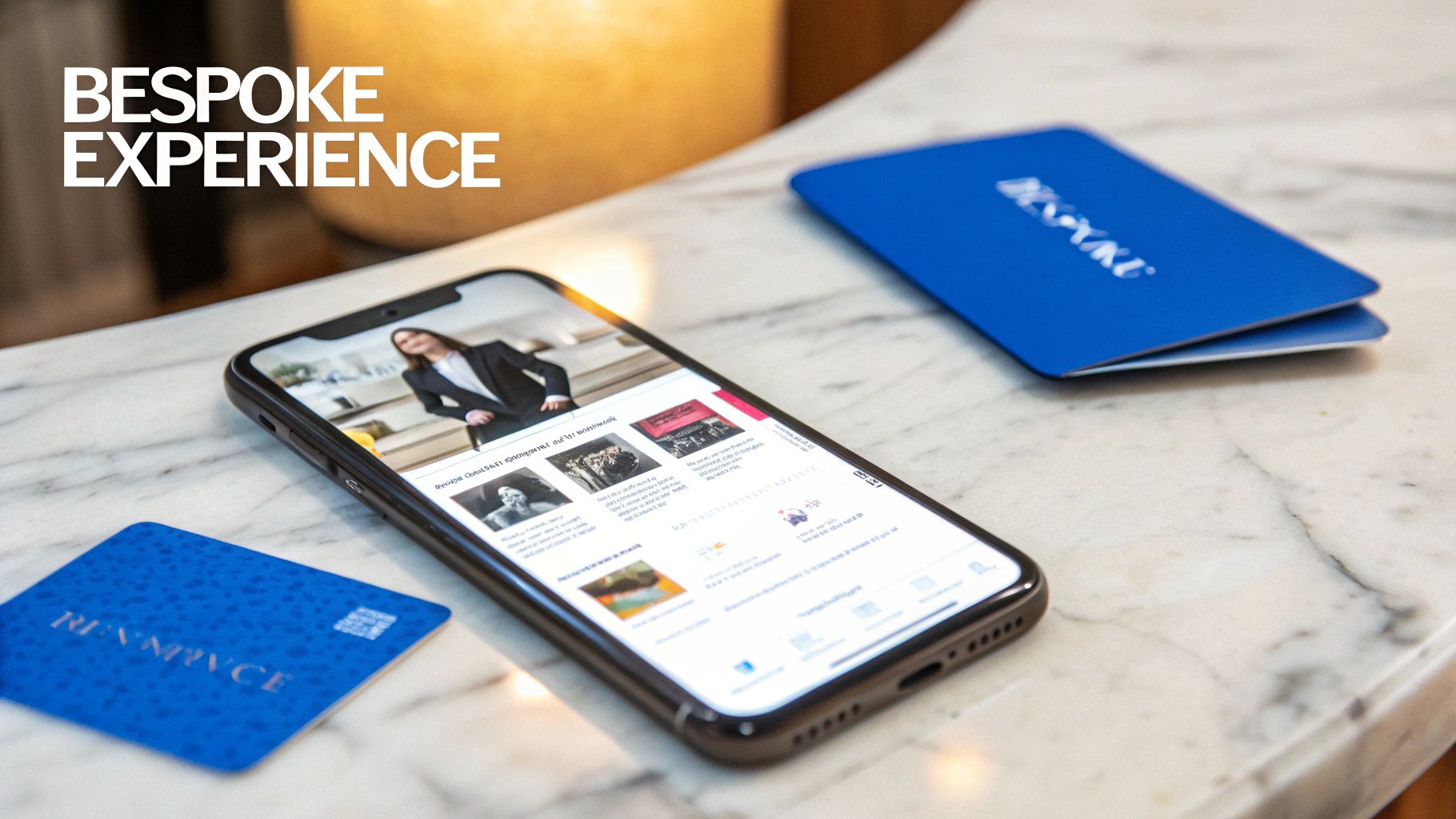 A smartphone displaying a bespoke experience app and blue branded cards on a marble table.